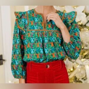 Elegant Green Blouse with Ruffle Sleeves | Size XL